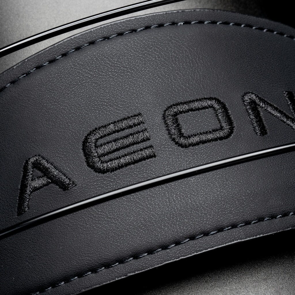 Dan Clark Audio AEON Core, detail of leather suspension strap with embossed AEON lettering