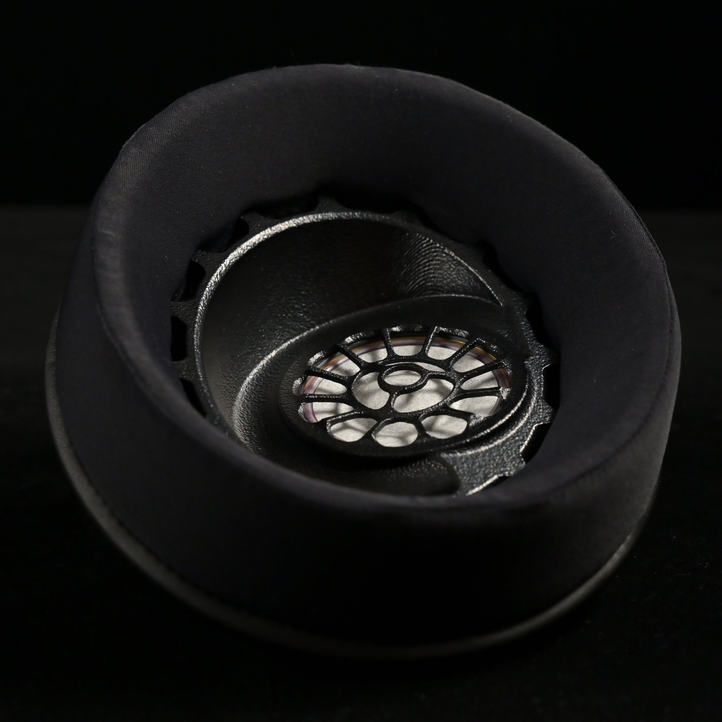 ETA Audio ULI earcup top-down view with suede earpad and 3D-printed driver baffle