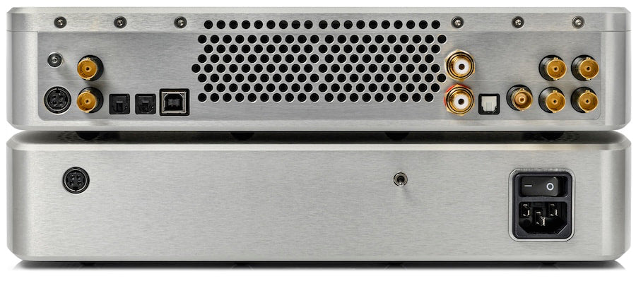 Chord Quartet upscaler in Argent Silver, rear panel showing USB-B, dual BNC, optical, and RCA inputs