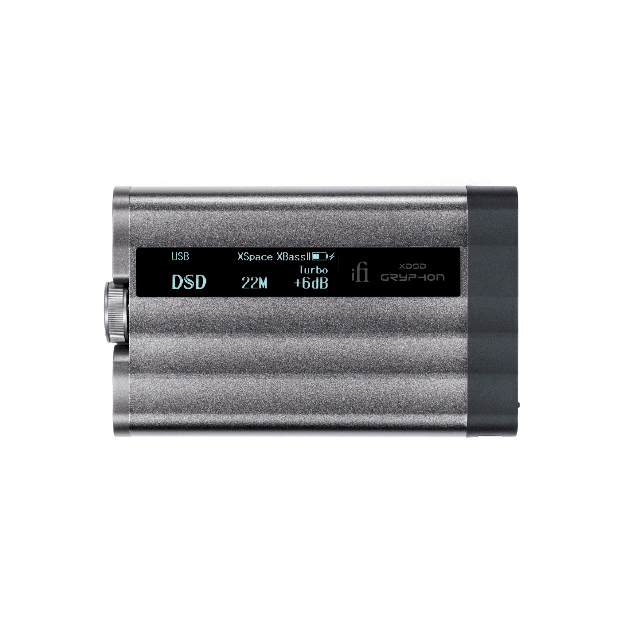 iFi xDSD Gryphon showing OLED display and balanced outputs