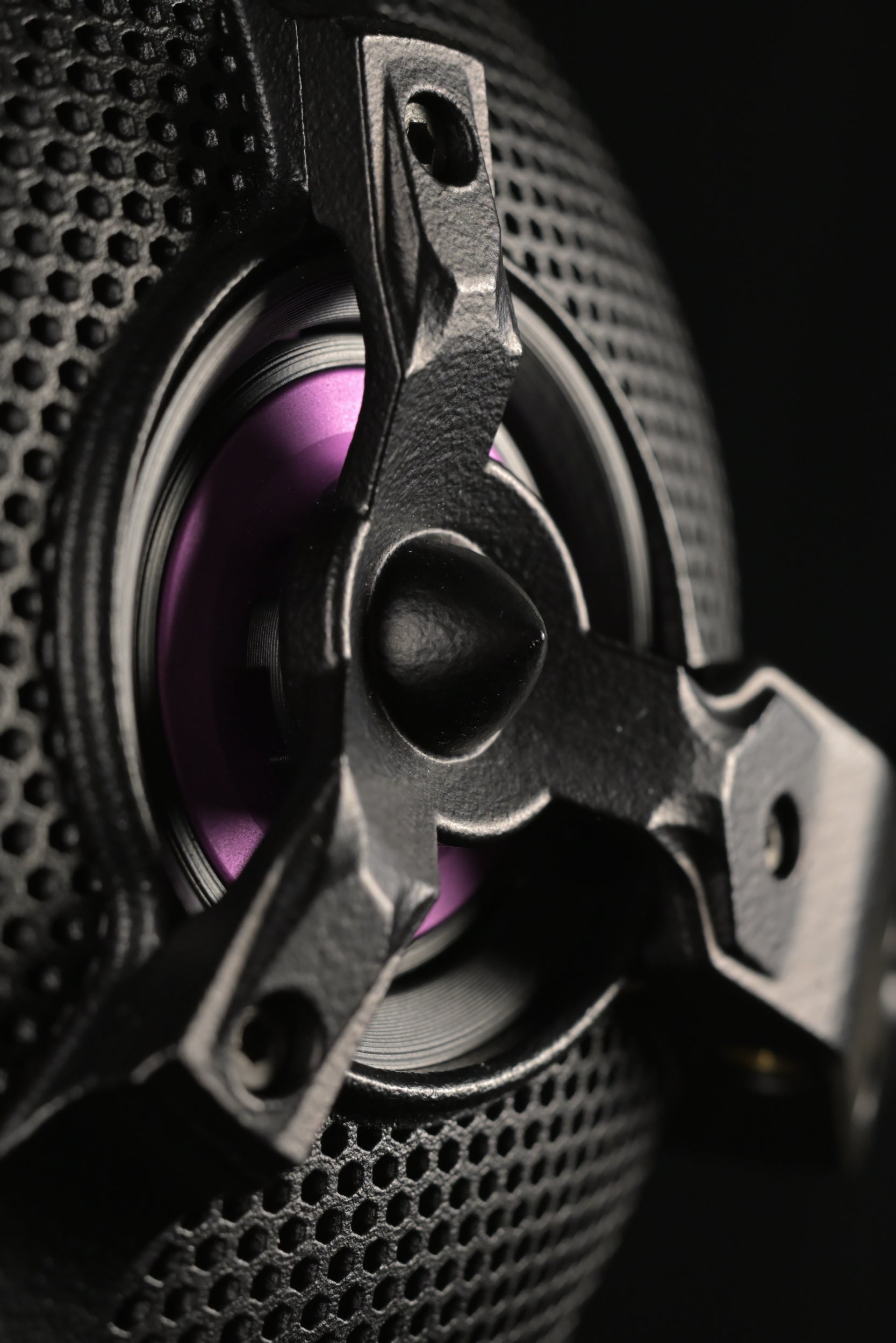 ETA Audio ULI driver close-up showing AlNiCo purple voice coil and perforated grille