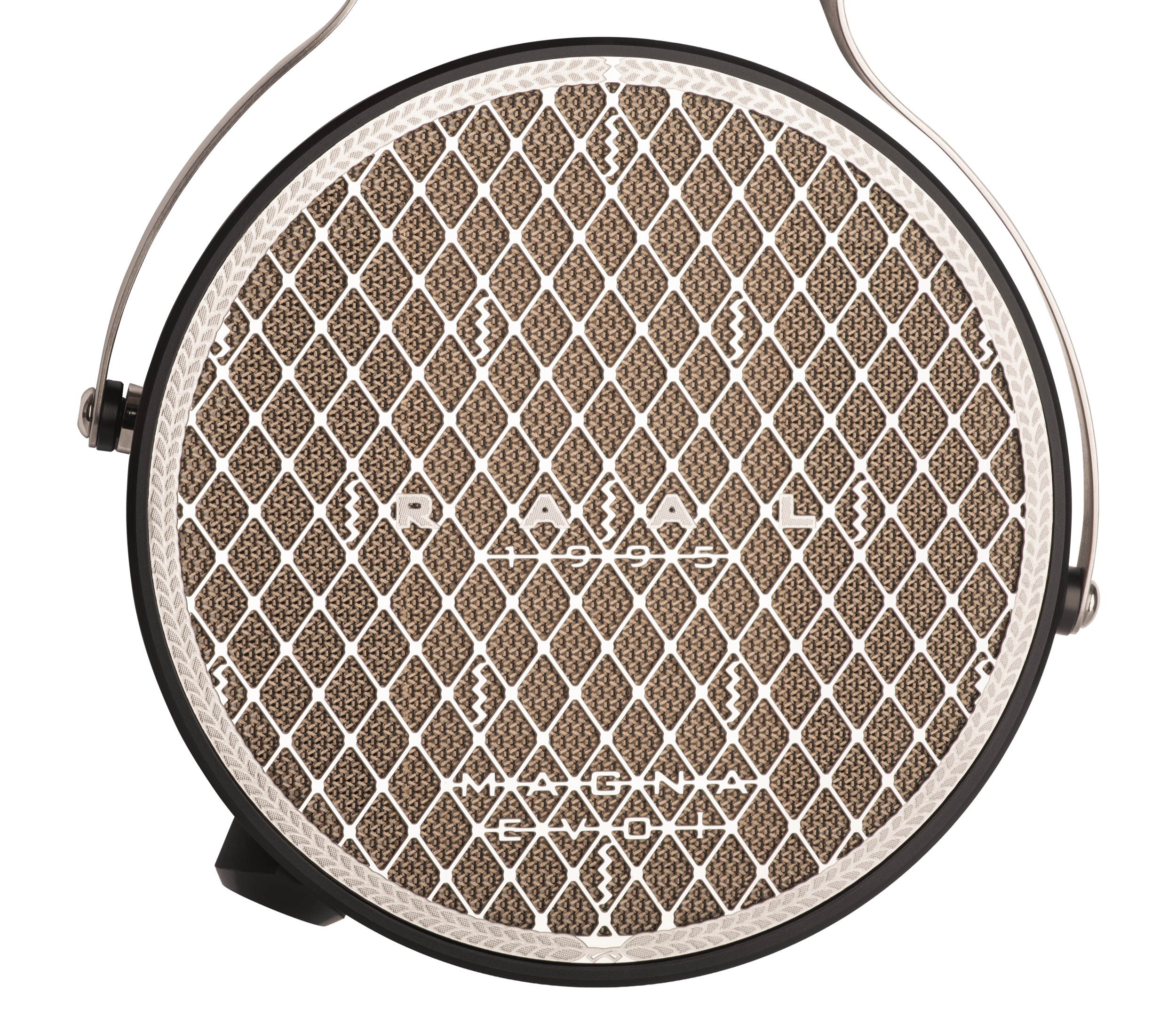 Close-up of the etched stainless steel grille on the Raal Magna EVO 1 headphones